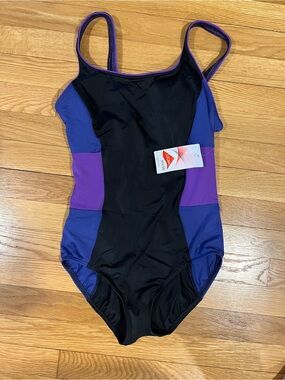 Lands' End Black Swimsuit with Purple Trim